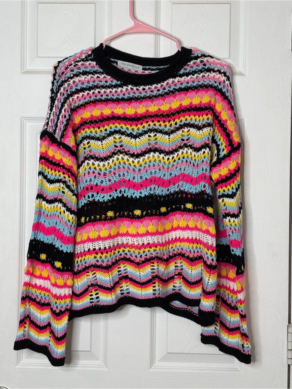Miss Sparkle Multicolor Open-Knit Off-the-Shoulder Sweater - Pink & Black